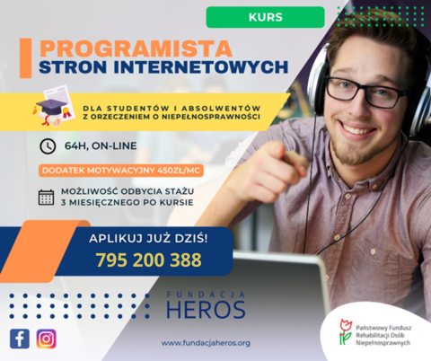 plakat informacyjny o kursie Programista stron internetowych, na plakacie  mężczyzna i komputery